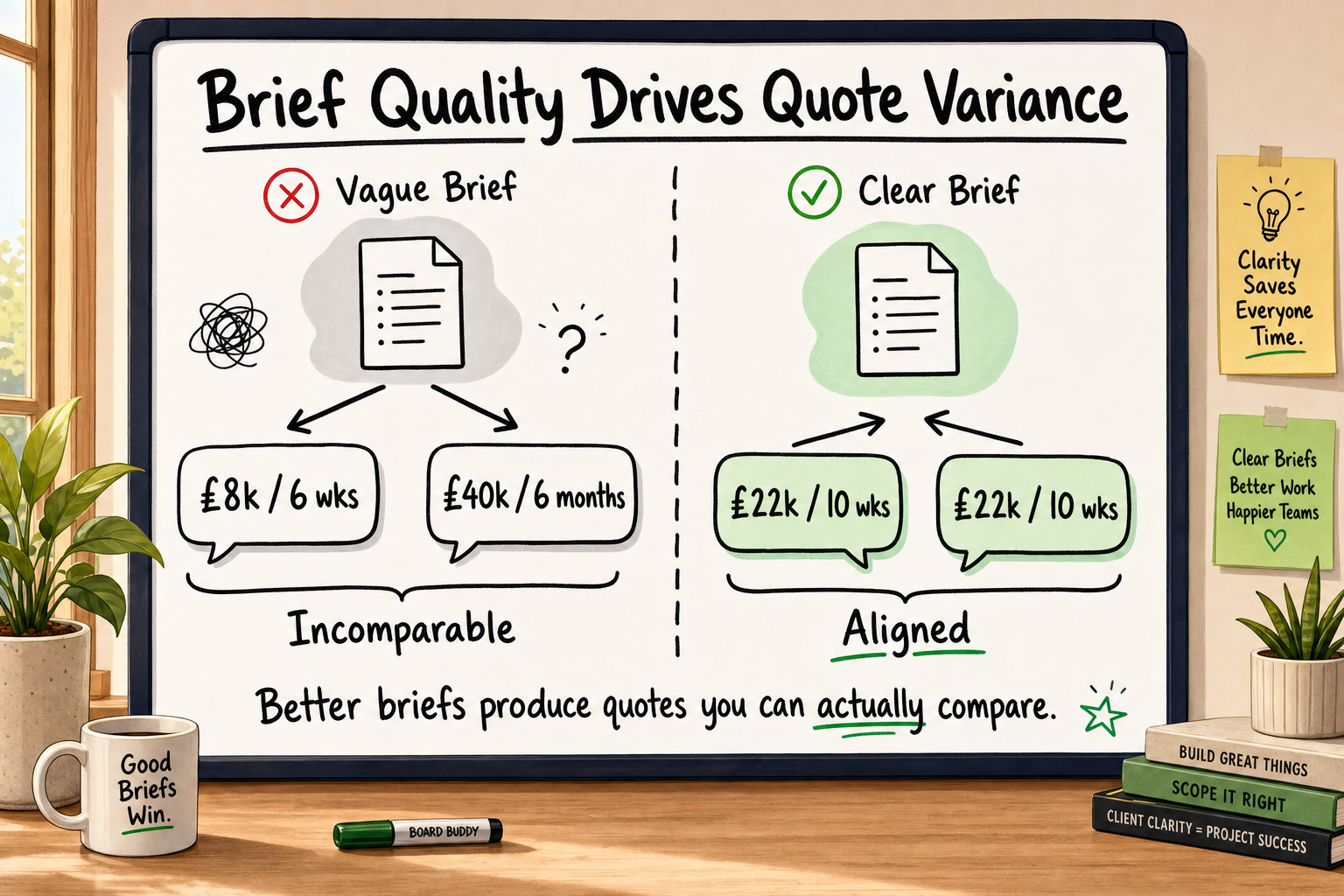 Side-by-side whiteboard comparison showing how brief quality affects software development quote variance