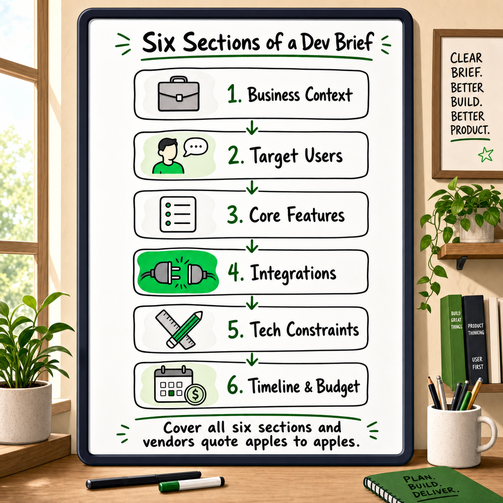 Whiteboard step-flow diagram showing six required sections of a software development brief in order