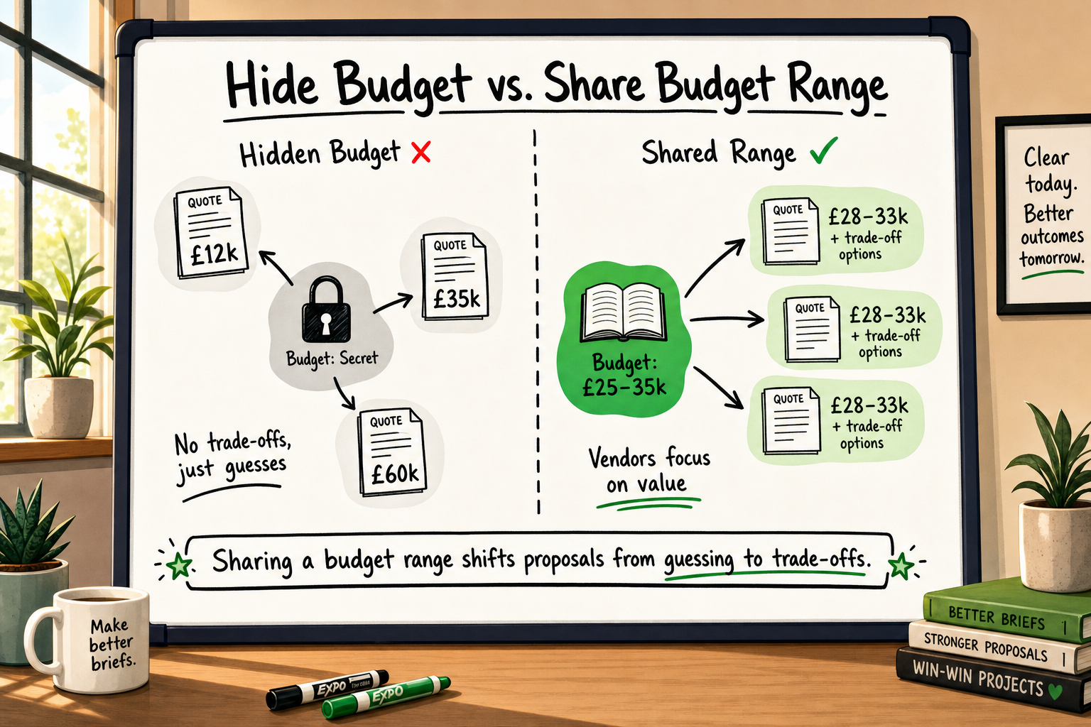Whiteboard diagram comparing hidden budget versus shared budget range effects on software development proposals