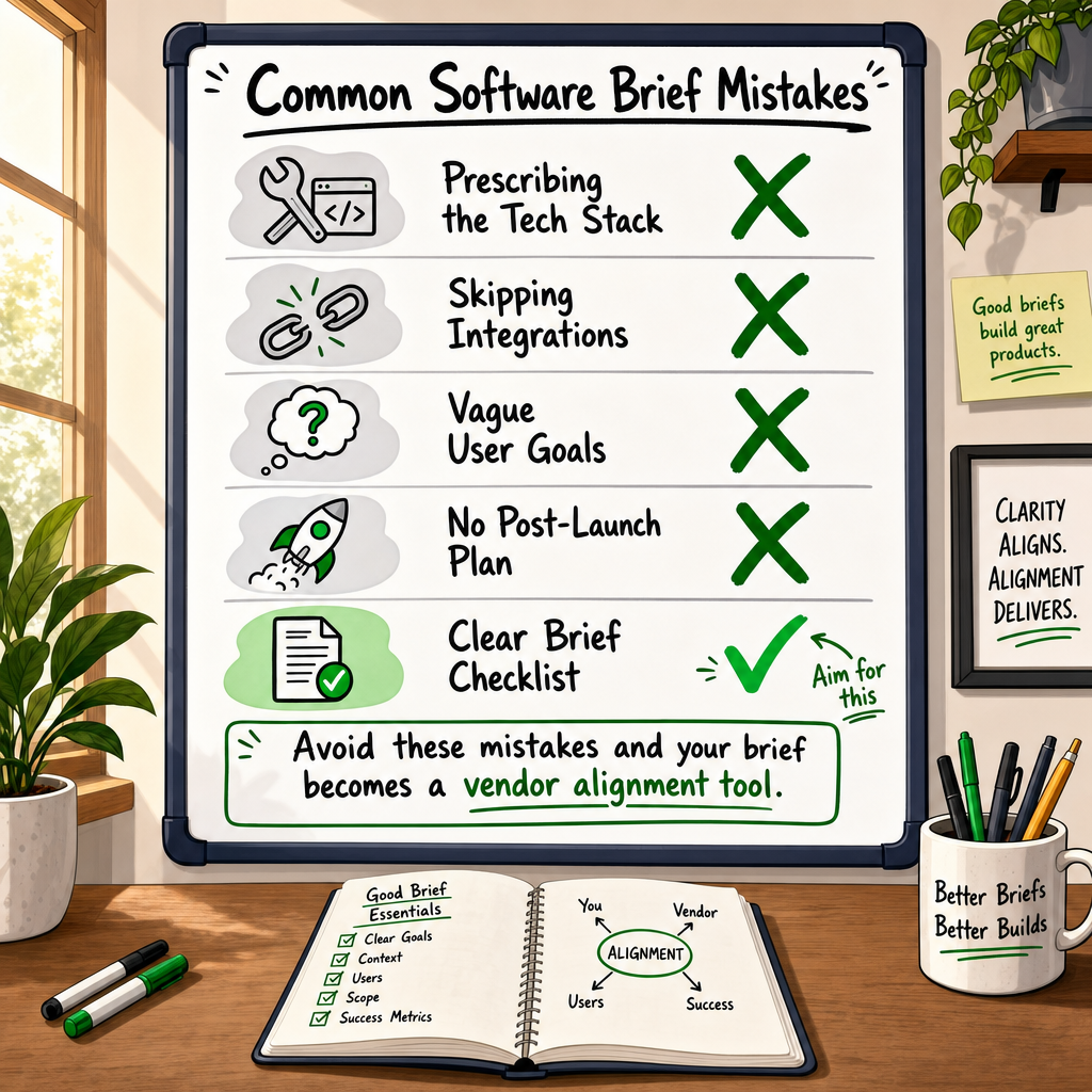 Whiteboard checklist of common software development brief mistakes with tick and cross indicators