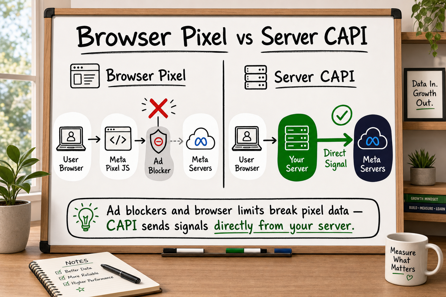Side-by-side whiteboard diagram showing browser pixel blocked by ad blocker vs server-side Meta CAPI direct data flow