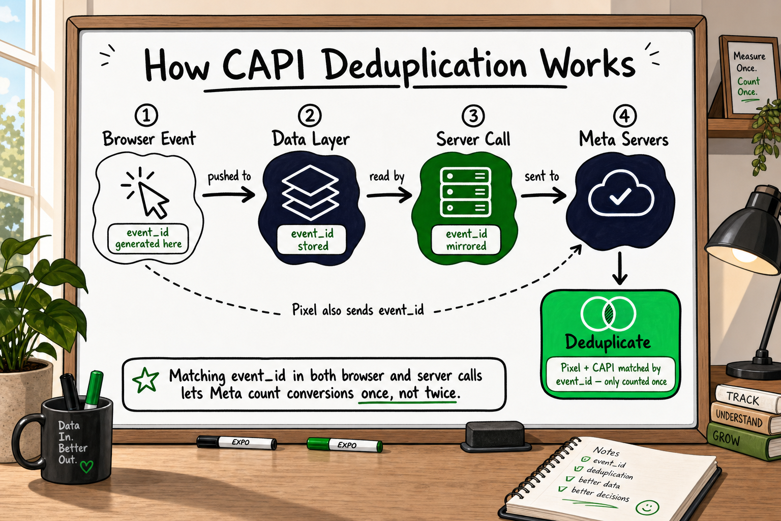 Whiteboard flowchart showing how event_id enables Meta CAPI deduplication between browser pixel and server-side events