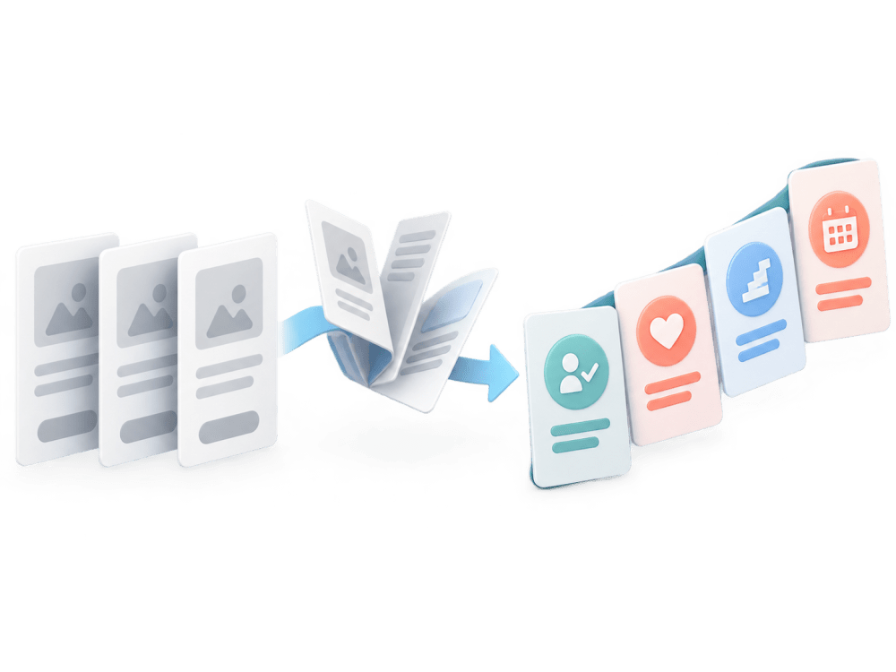 Illustration of similar page layouts becoming distinct pages with different information and next steps.