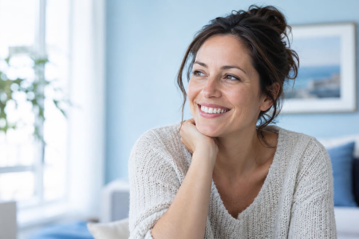 A relaxed woman smiling in a bright, airy room