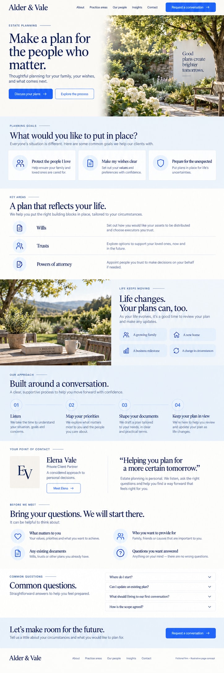 Estate planning page for fictional firm Alder & Vale. A personal reason to plan; The decisions to think through; Life changes that prompt a review; The process and the lawyer; Preparation and common questions. Image preview; its pictured controls are not interactive.