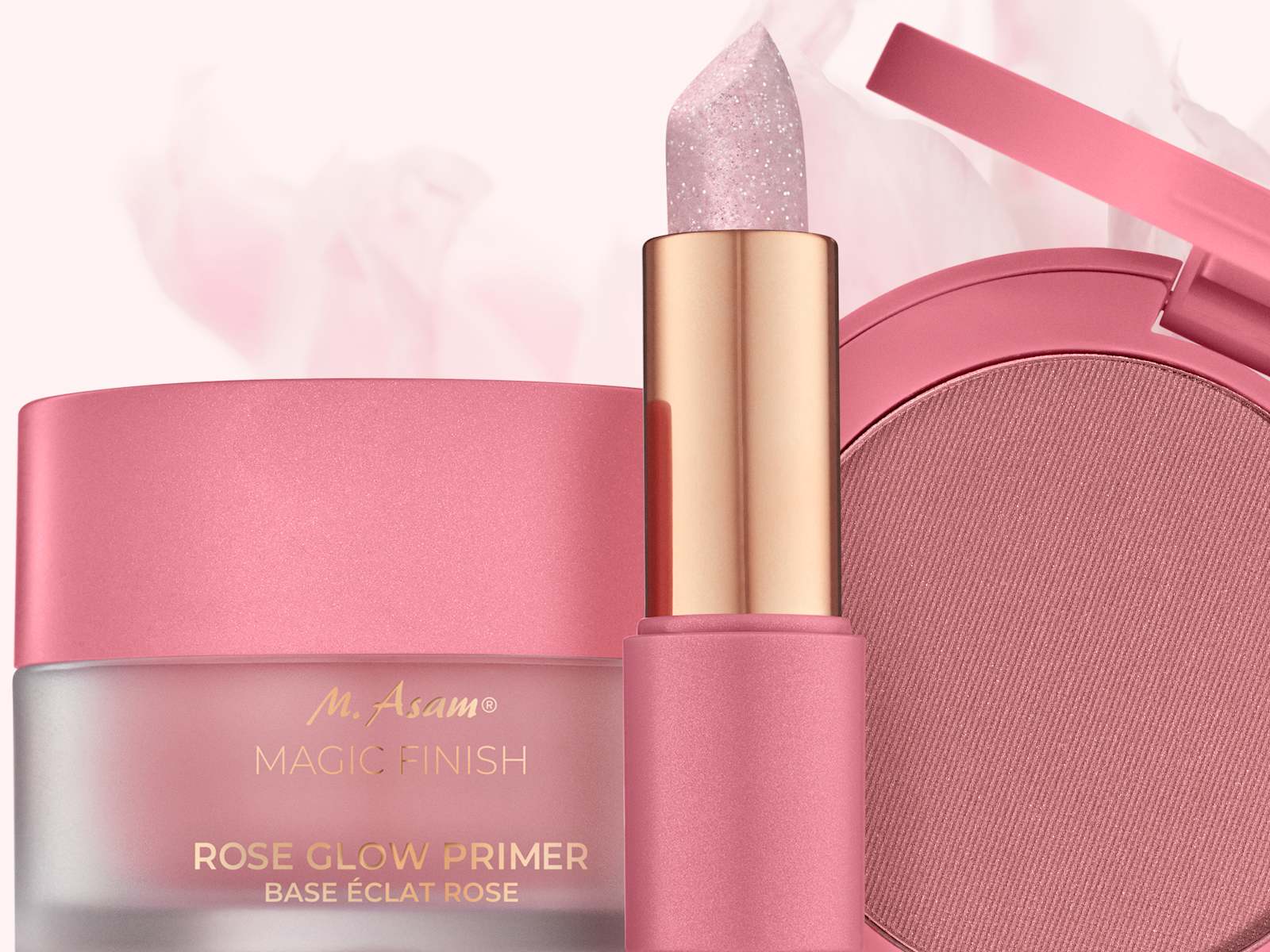 Produktbild Lippenstift und Primer im Tiegel in Rosé, schimmernde Textur