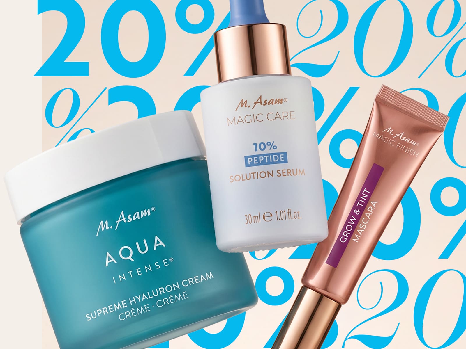 M. Asam Set Produktbild: AQUA INTENSE Creme, 10% Peptid Serum, Mascara