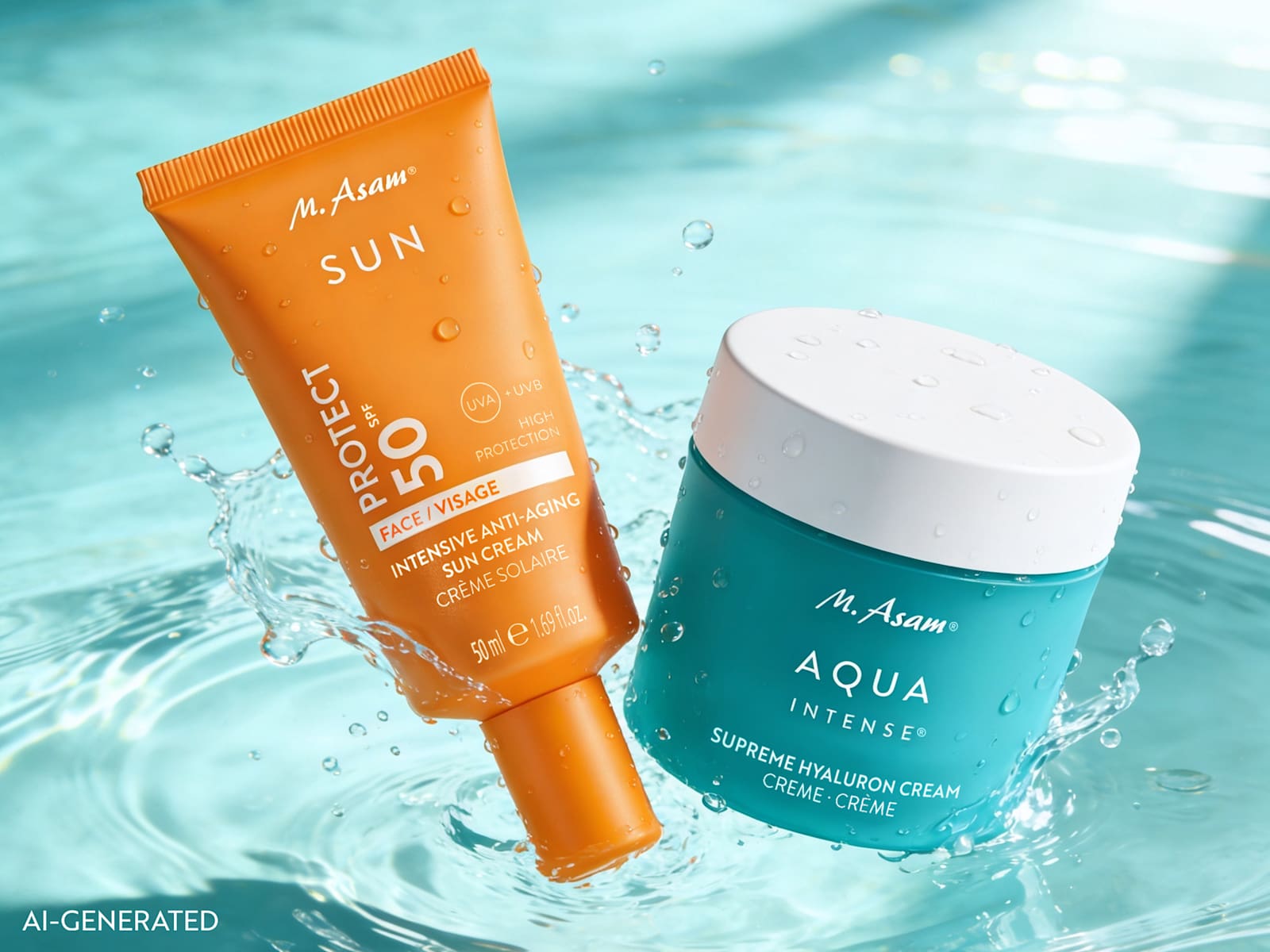 M. Asam SUN SPF 50 und AQUA INTENSE Creme, Produktbild im Wasser
