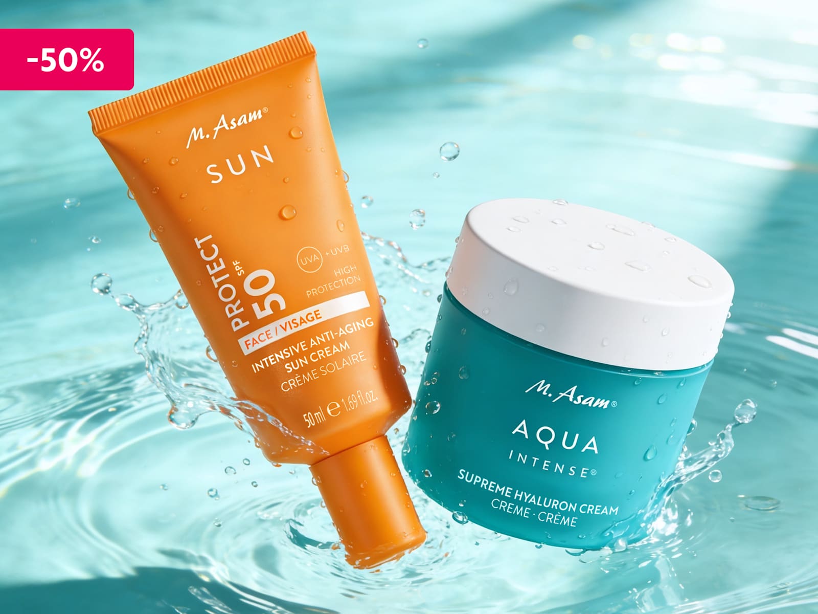 M. Asam SUN SPF 50 und AQUA INTENSE Creme, Produktbild im Wasser