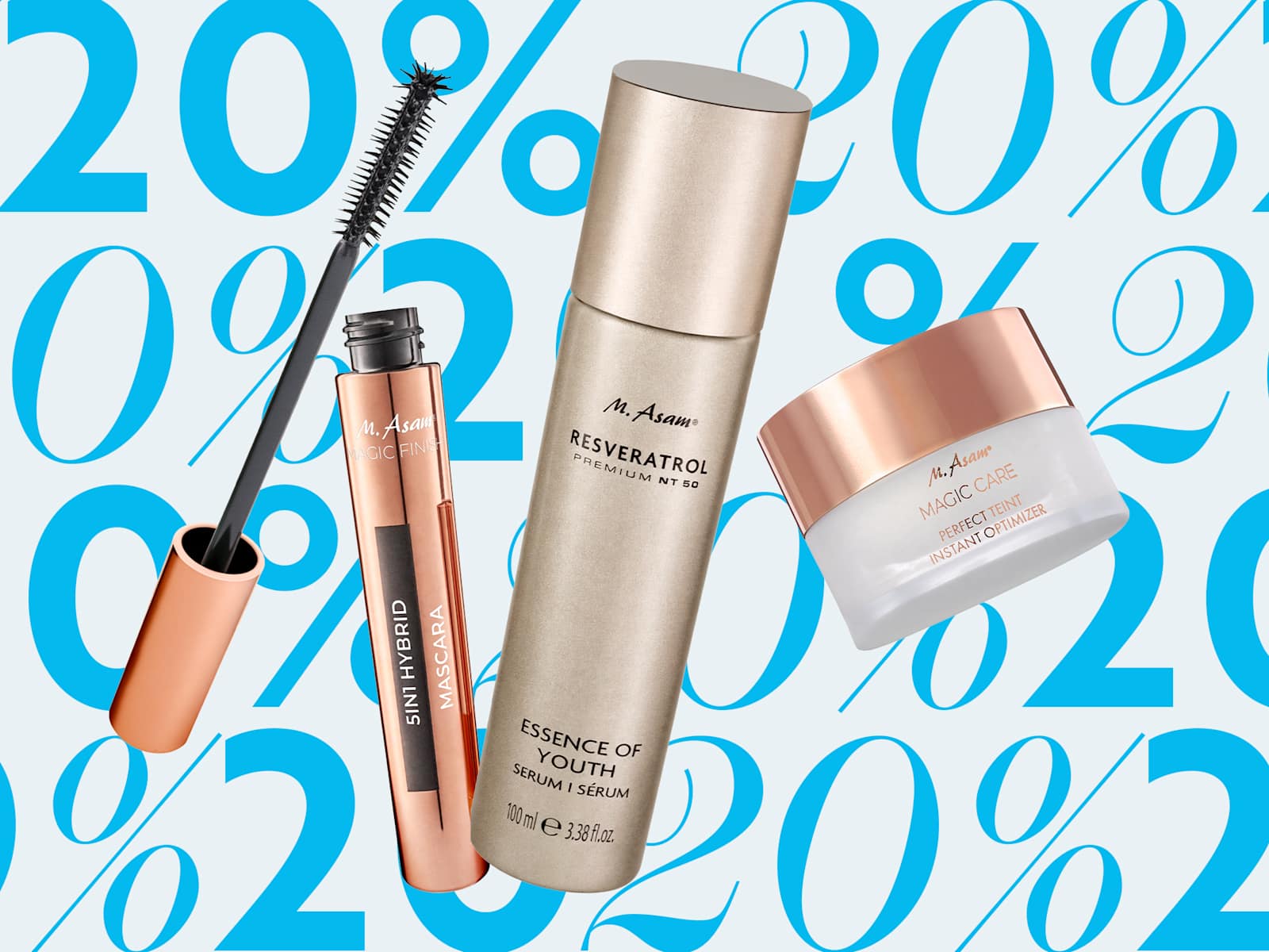 Produktbild mit Mascara, RESVERATROL PREMIUM Serum und MAGIC CARE Creme von M. Asam