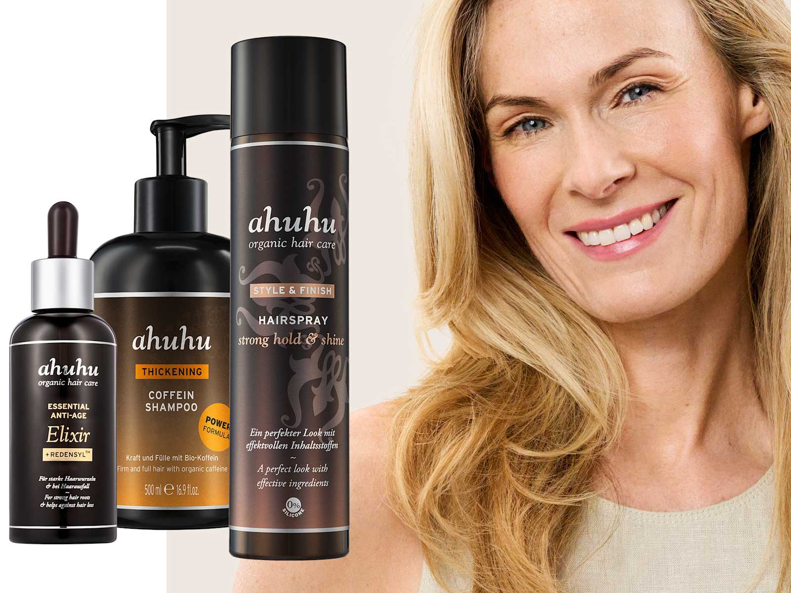 Produktbild mit Model und Haarprodukten