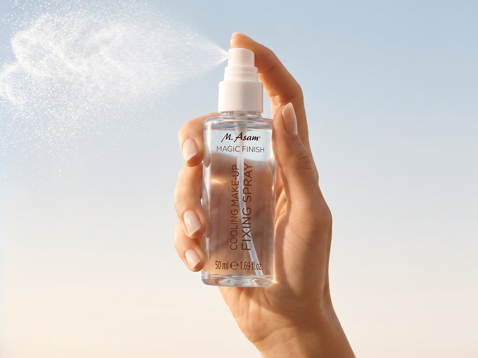 M. Asam MAGIC FINISH Fixierspray in der Anwendung mit feinem Sprühnebel