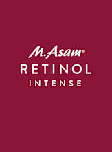 Logo M. Asam RETINOL INTENSE sur fond rouge, typographie de la marque