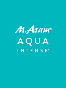 Logo M. Asam AQUA INTENSE sur fond turquoise, typographie de la marque