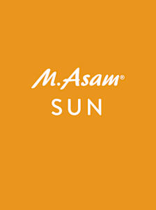 Logo M. Asam SUN sur fond orange, typographie de la marque