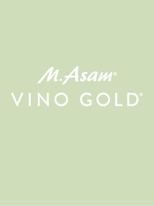 Logo M. Asam VINO GOLD sur fond vert clair, typographie de la marque