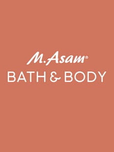 Logo M. Asam BATH & BODY sur fond orange, typographie de la marque