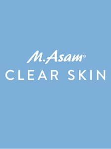 Logo M. Asam CLEAR SKIN sur fond bleu, typographie de la marque