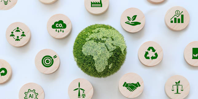 Grüne Weltkugel aus Gras, umgeben von Holzscheiben mit Symbolen zu Nachhaltigkeit, Recycling, CO₂-Reduktion und erneuerbaren Energien.
