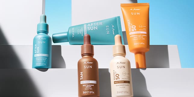 Produktbild SUN Pflege mit Serum, Selbstbräuner und SPF Tube auf hellem Hintergrund