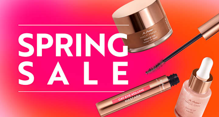 Sale-Banner mit Creme-Tiegel und Lippenstift auf pinkem Hintergrund, Spring Sale