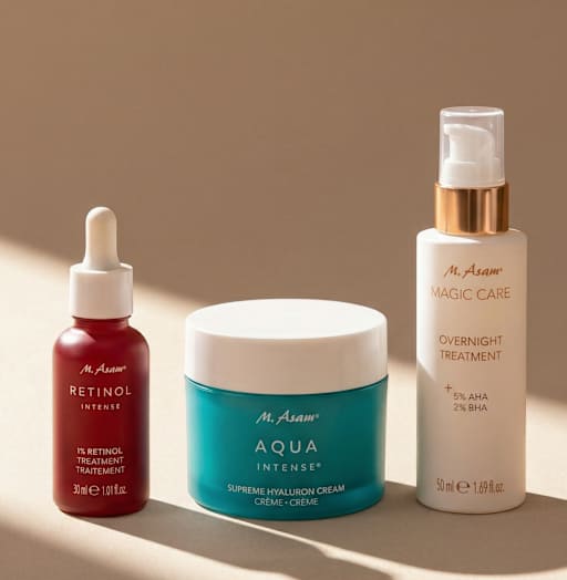 Produktbild M. Asam: Retinol INTENSE Serum, AQUA INTENSE Creme, MAGIC CARE Nachtpflege
