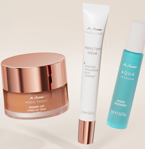 M. Asam MAGIC FINISH Make-up, PERFECT EYE SERUM und AQUA INTENSE Produktbild