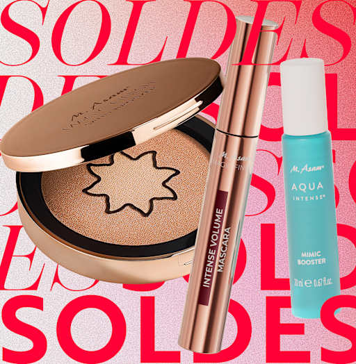 Produits de soin M. Asam et mascara en visuel produit sur fond SOLDES