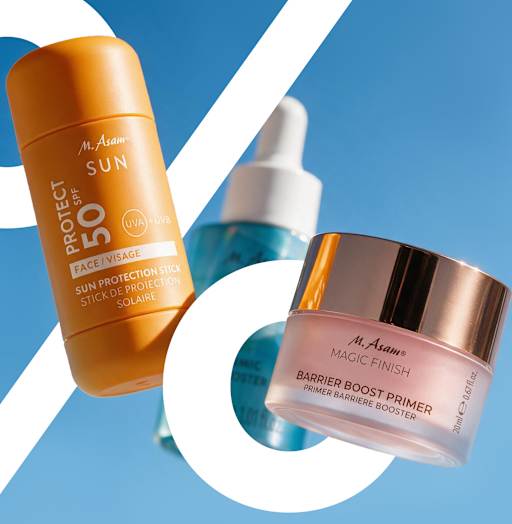 M. Asam Produktbild mit SUN Stick, Serum und MAGIC FINISH Primer