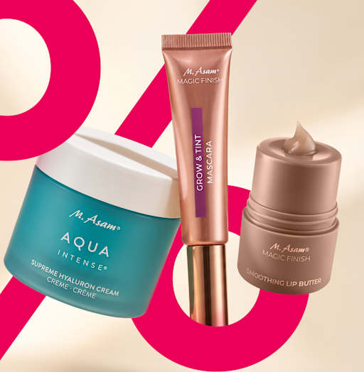 Produktbild mit M. Asam AQUA INTENSE Creme, MAGIC FINISH Mascara und Lippenpflege