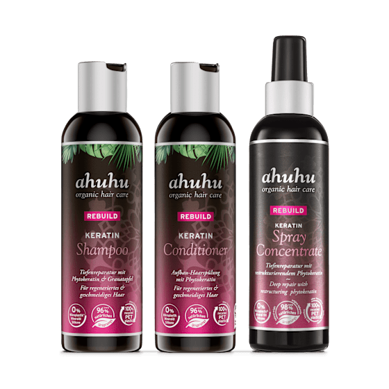 Produktbild ahuhu REBUILD Keratin Shampoo, Conditioner und Spray Concentrate