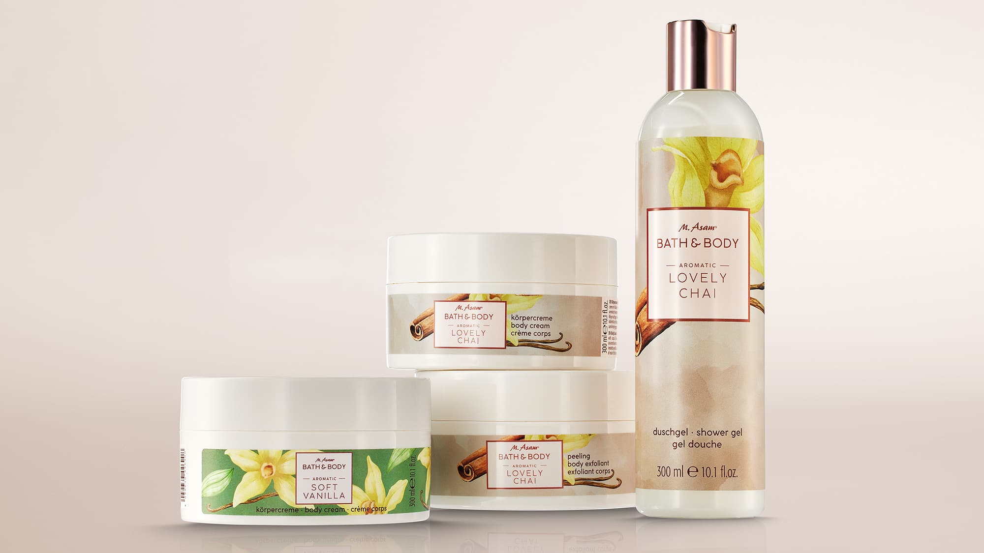 Image produit soins BATH & BODY avec crème et gel douche parfum vanille sur fond clair