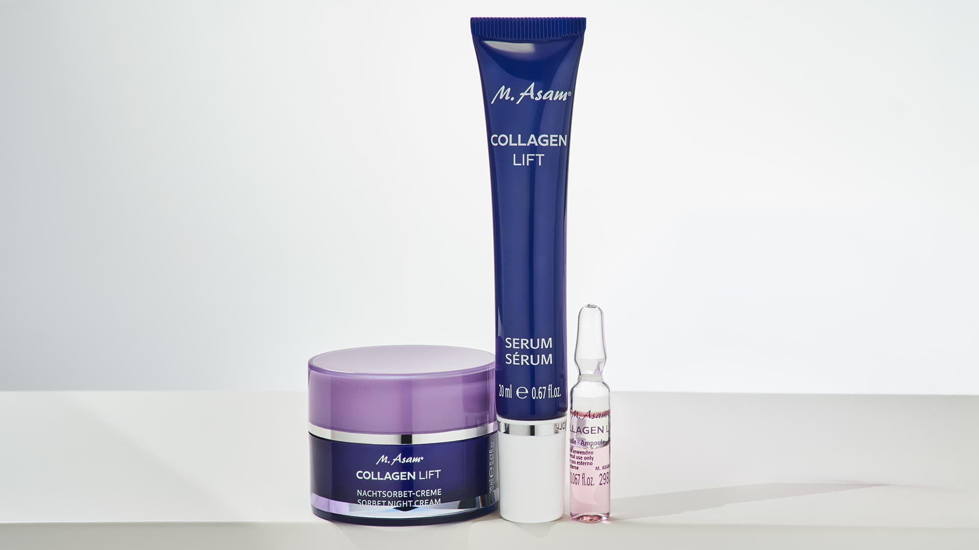 Image produit soins COLLAGEN LIFT avec crème, sérum et ampoule sur fond clair