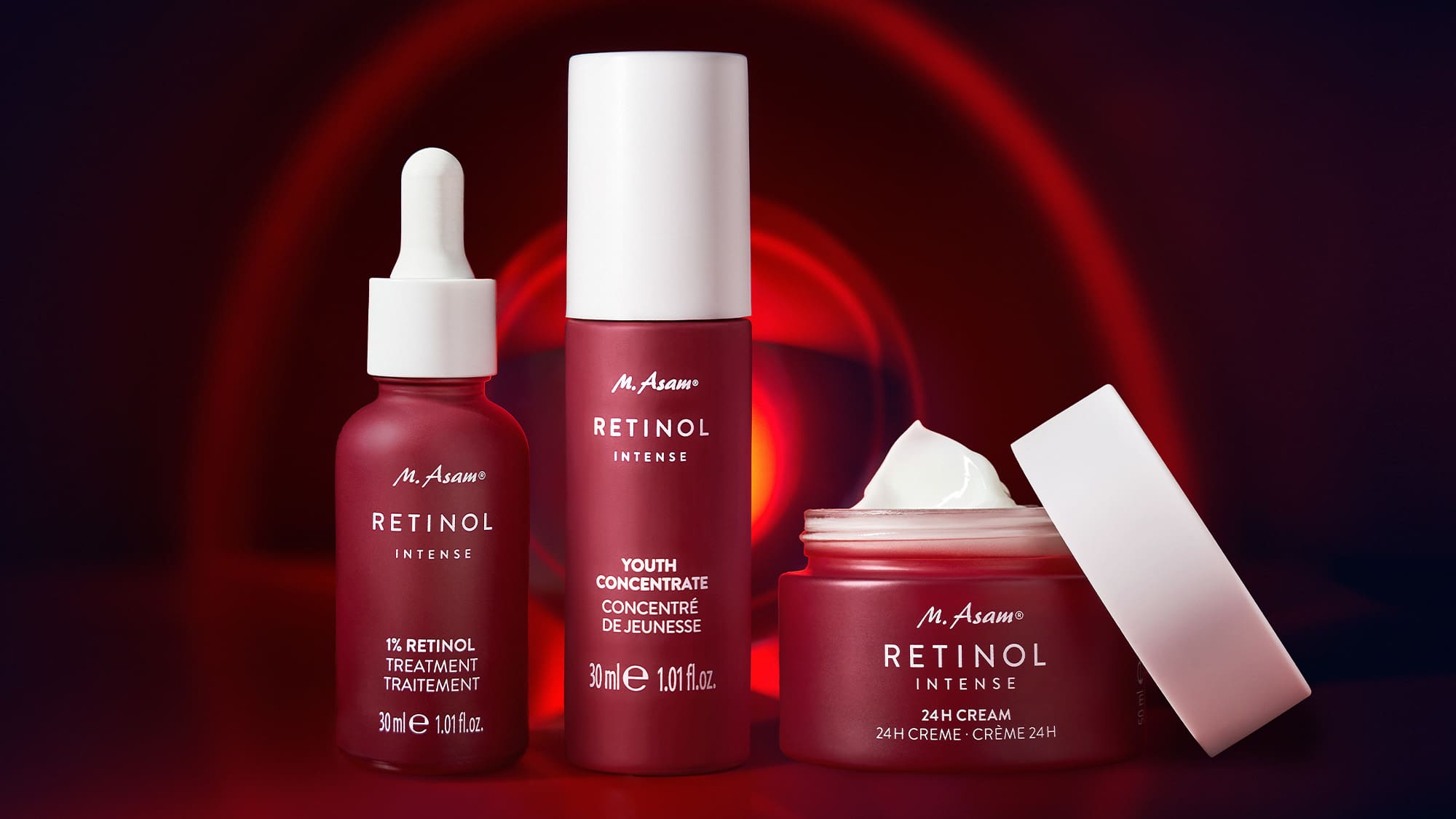 Image produit soins RETINOL INTENSE avec sérum, crème et pipette sur fond rouge