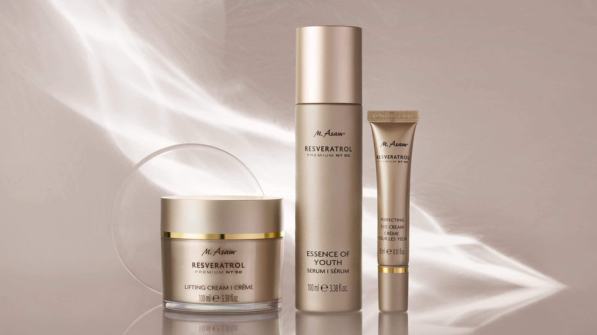 Image produit soins RESVERATROL PREMIUM avec crème, sérum et tube sur fond clair