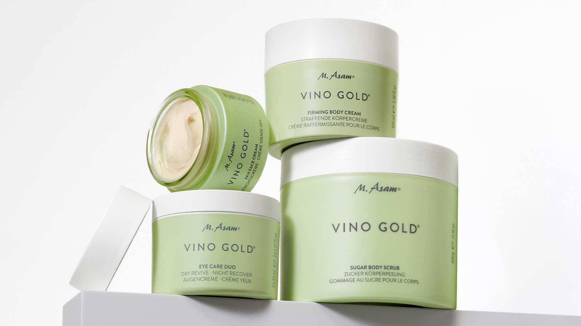 Image produit pots de crème VINO GOLD verts en trois tailles sur fond clair