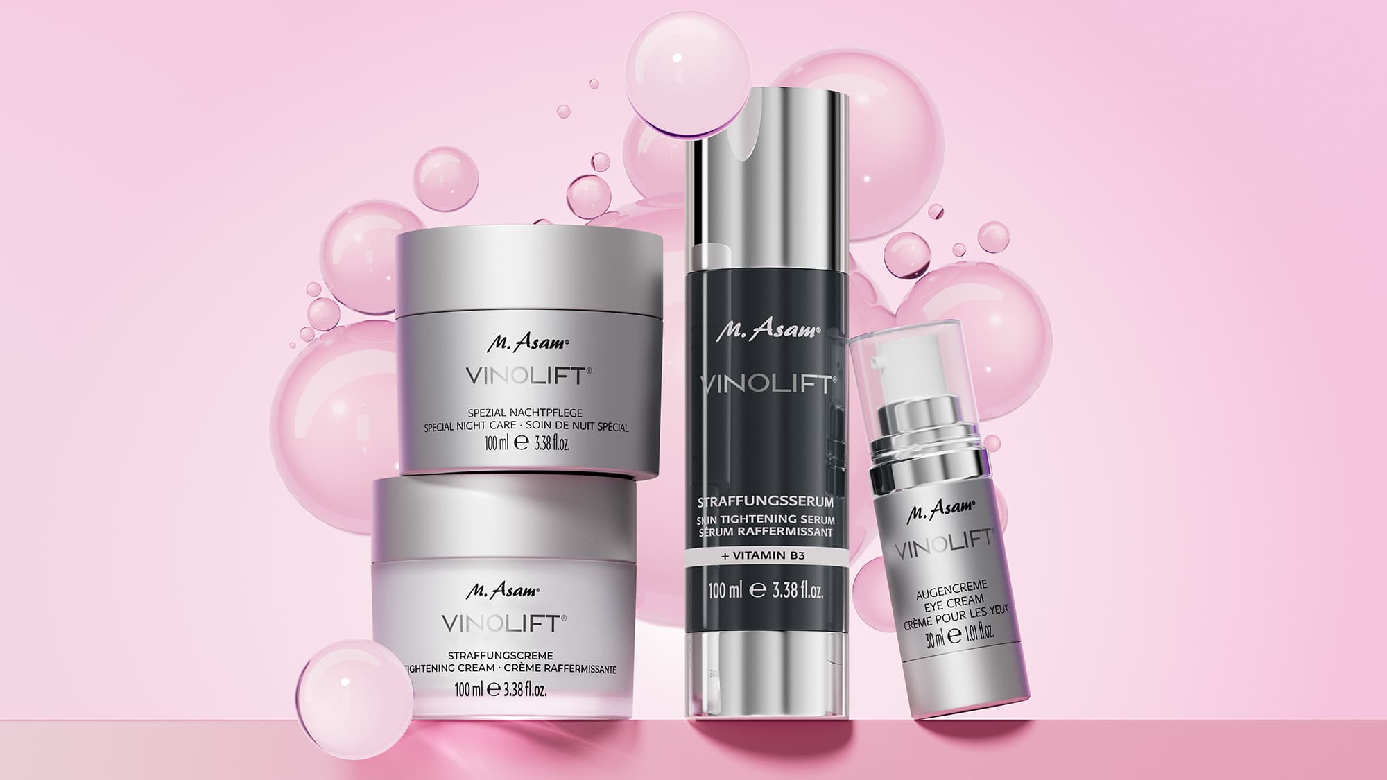 Image produit soins VINOLIFT avec crème, sérum et ampoule sur fond rose