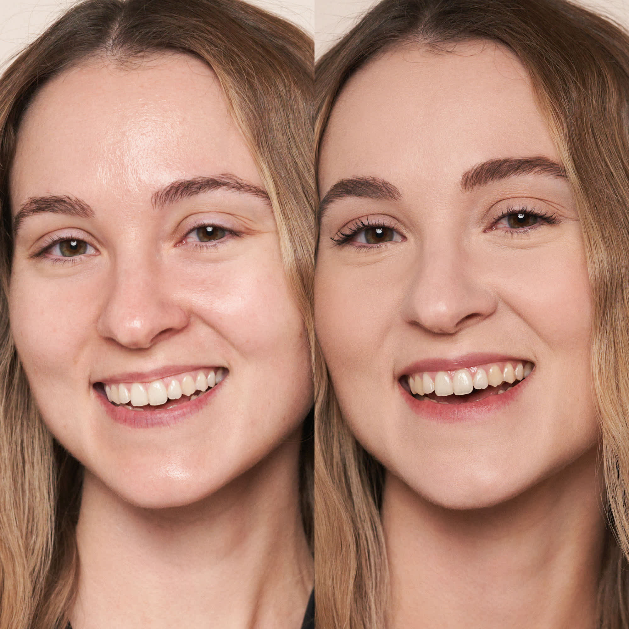 Vorher-Nachher-Foto einer Frau nach Anwendung des Magic Finish Mousse von M.Asam zeigt einen mattierten Teint