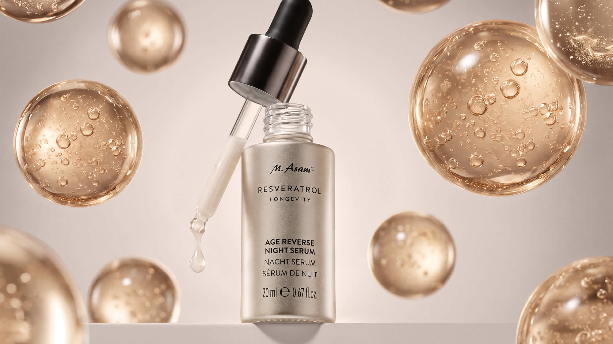 M. Asam RESVERATROL PREMIUM Nachtserum als Produktbild mit Pipette