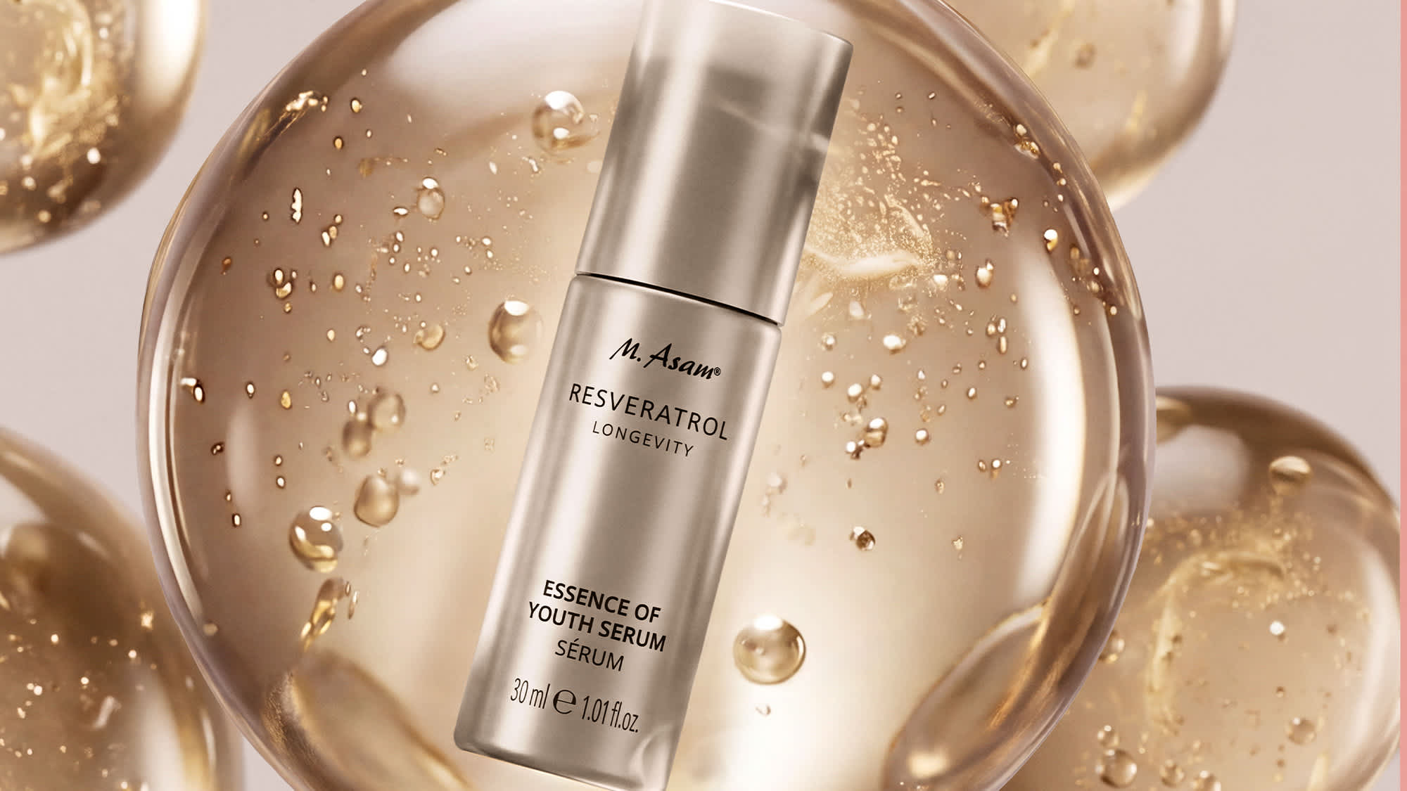 Serumflasche als Produktbild mit goldenen Tropfen