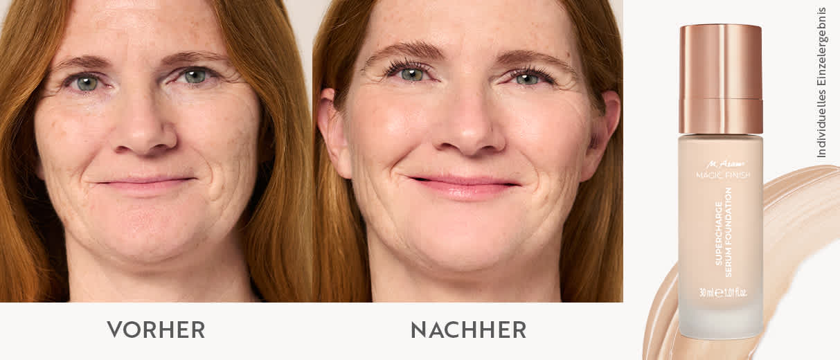 Vorher-Nachher-Foto einer Frau nach Anwendung der M. Asam MAGIC FINISH Supercharge Serum Foundation