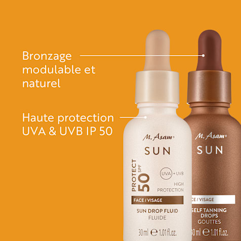 M. Asam SUN Self Tanning Drops Autobronzant Visage & Fluide solaire visage Sun Drop – Sérum protection SPF 50