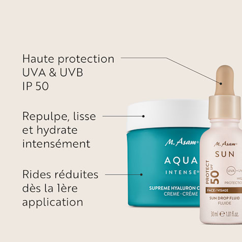 M. Asam AQUA INTENSE Supreme Hyaluron Crème Visage & Sérum Fluide Solaire Sun Drop SPF 50