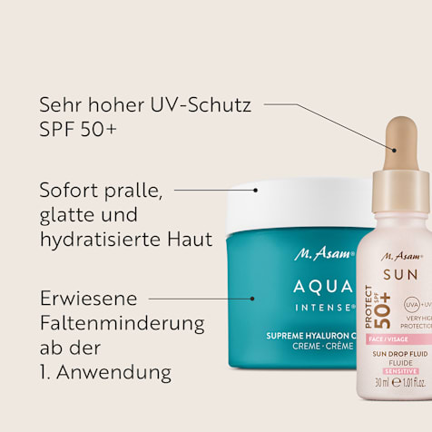 M. Asam AQUA INTENSE Supreme Hyaluron Gesichtscreme & Sun Drop Fluid Sonnenschutz Serum Gesicht LSF 50+ Sensitiv