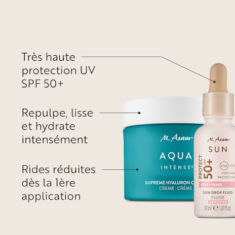 M. Asam AQUA INTENSE Supreme Hyaluron Crème Visage & Sérum Fluide Solaire Sun Drop SPF 50+ Sensitiv