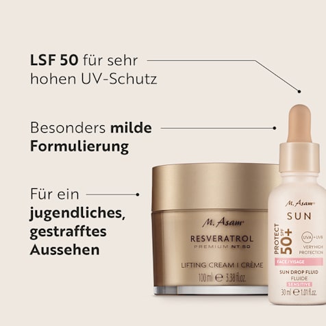 M. Asam RESVERATROL PREMIUM NT50 Lifting Gesichtscreme & Sun Drop Fluid Sonnenschutz Serum Gesicht LSF 50+ Sensitiv