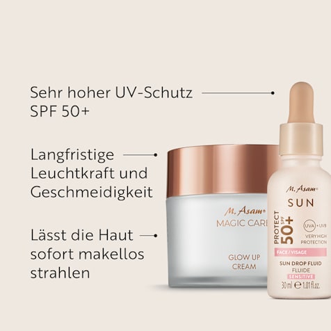 M. Asam MAGIC CARE Glow Up Gesichtscreme & Sun Drop Fluid Sonnenschutz Serum Gesicht LSF 50+ Sensitiv