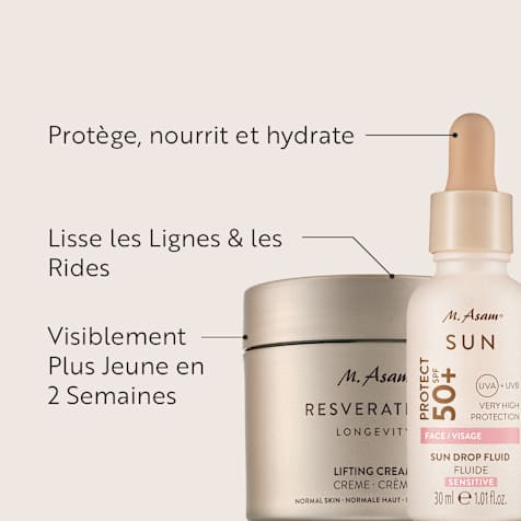 M. Asam RESVERATROL LONGEVITY Crème Visage Liftante et Sérum Fluide Solaire Sun Drop SPF 50+ Sensitiv