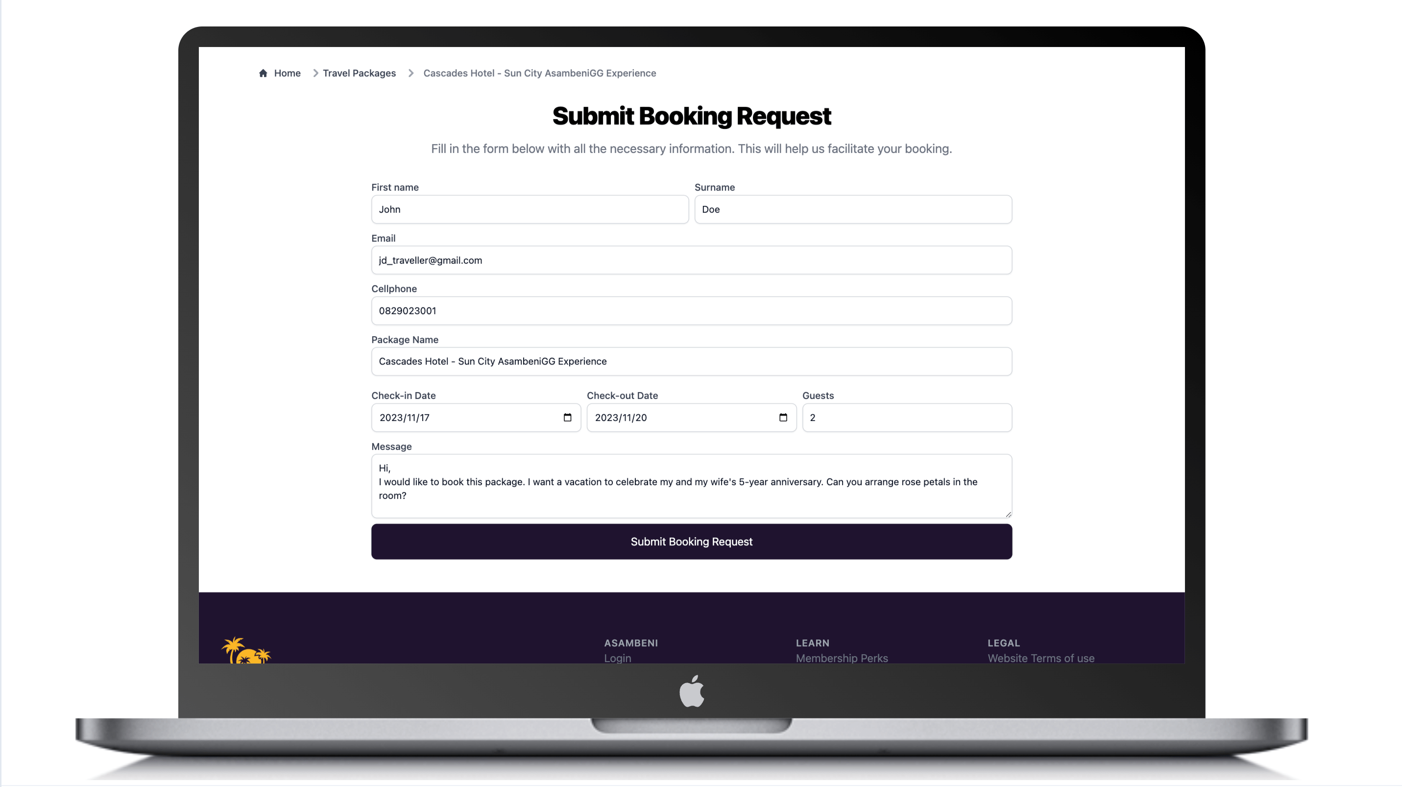 Send booking request screenshot