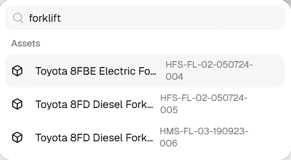 TrackIT quick search showing forklift results with their asset tags